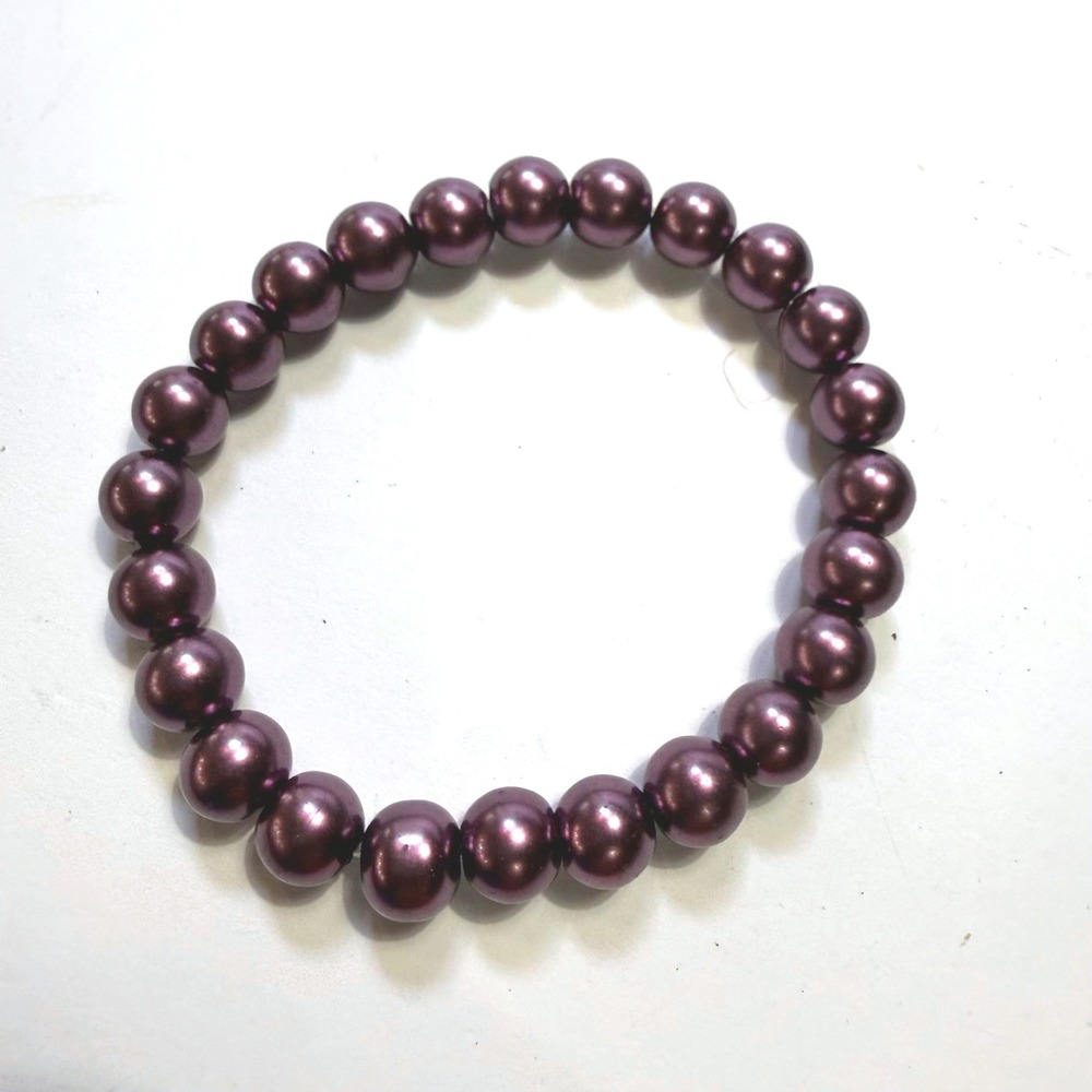 Plum Purple Faux Pearl Stretch Bracelet Beaded Round Satin Finish Jewel Tone